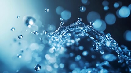 Poster - Dynamic splash of water with droplets captured in glowing blue light : Generative AI