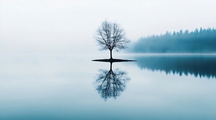 Aufkleber - Lone tree standing on a small island in a serene lake with mist reflecting in the calm water : Generative AI