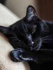 Poster - Closeup portrait of a sleeping black cat resting comfortably on a couch : Generative AI