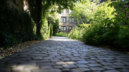 Poster - Charming cobblestone path surrounded by lush greenery in a peaceful garden setting : Generative AI