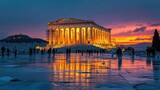 Tourists at Parthenon, Athens, sunset reflection
