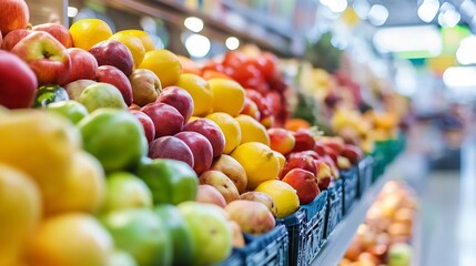 Poster - Vibrant display of fresh fruits including apples oranges and bananas arranged in a grocery store for healthy living : Generative AI