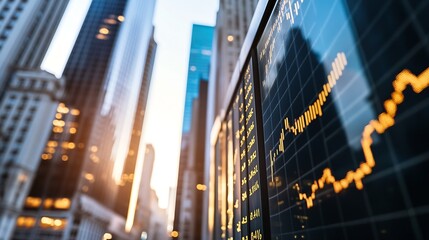 Poster - Closeup of a cityscape featuring stock market graphics on a digital screen at sunset : Generative AI