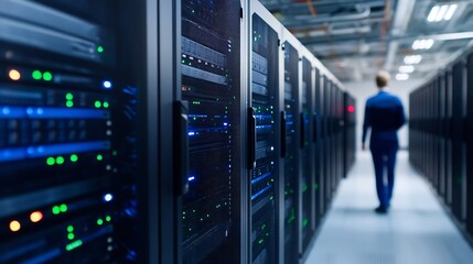 Fototapete - Modern Data Center with Rows of Server Racks and a Technician Walking Through the Aisles : Generative AI