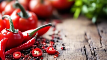 Poster - Fresh red chili peppers and tomatoes arranged on rustic wooden table in vibrant kitchen setting : Generative AI