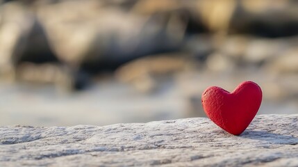 Poster - Small red heart shaped stone placed on natural wood surface with blurred background highlighting love theme : Generative AI