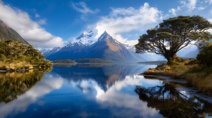 Aufkleber - Stunning mountain landscape reflecting in a serene lake with a lone tree and dramatic clouds : Generative AI