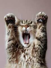 Poster - Cute playful tabby cat yawning with paws raised against a soft pastel background : Generative AI