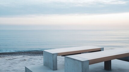 Poster - Serene Coastal Scenery with Minimalistic Concrete Benches Overlooking Calm Ocean : Generative AI