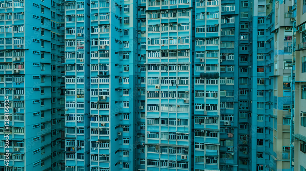 Dense urban apartment buildings with myriad windows and balconies ...