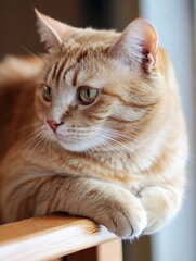 Poster - Closeup of an adorable orange tabby cat resting on a wooden surface indoors : Generative AI