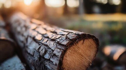 Poster - Sunlight illuminating freshly cut log in a peaceful outdoor setting : Generative AI