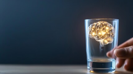 Poster - Creative concept of a glowing brain placed in a glass against a dark background : Generative AI