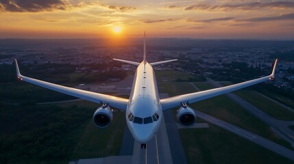 Poster - Stunning aerial view of a modern airplane landing during sunset highlighting the cityscape below : Generative AI
