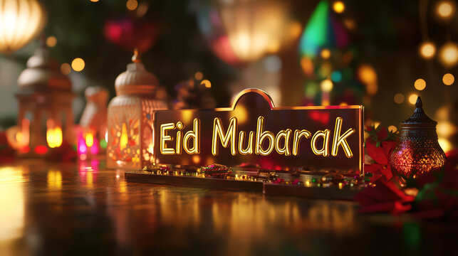 3D text Eid Mubarak on clear acrylic, glowing in the background with festive decorations and warm lighting.