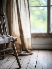 Poster - Charming Rustic Wooden Chair with Sunlight Streaming Through the Window in Cozy Room : Generative AI