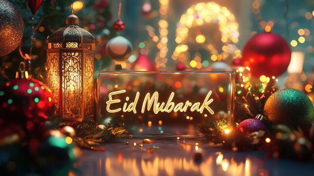 3D text Eid Mubarak on clear acrylic, glowing in the background with festive decorations and warm lighting.