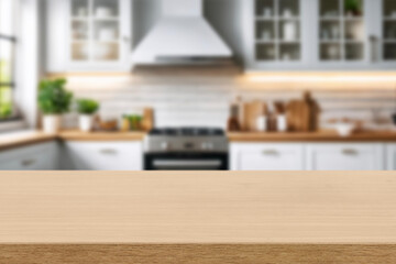 Wall Mural - Kitchen wood table top for product display with blurred modern interior. Wooden tabletop over defocused kitchen background. kitchen furniture and desk space. product promotion in the kitchen