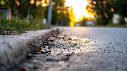 Poster - Evening street view featuring wet pavement reflecting warm light from sunset giving a cozy and inviting atmosphere : Generative AI