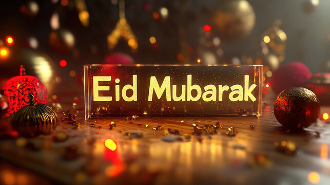 3D text Eid Mubarak on clear acrylic, glowing in the background with festive decorations and warm lighting.