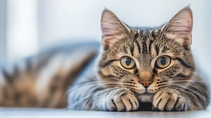 Poster - Closeup of an Adorable Tabby Cat Lying on a Surface with Intense Green Eyes : Generative AI