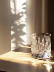 Aufkleber - Elegant crystal glass placed on wooden table casting unique shadow patterns under sunlight : Generative AI