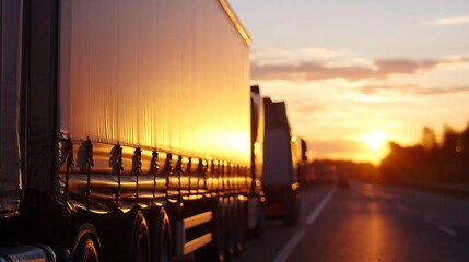 Aufkleber - Trucks lined up on the highway during sunset with a warm golden glow in the background : Generative AI