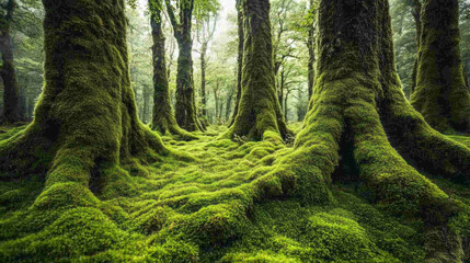 Poster - Sunlight filters through the dense tree canopy, illuminating a lush carpet of vibrant moss that blankets the forest floor. The serene atmosphere evokes a sense of peace and connection to nature