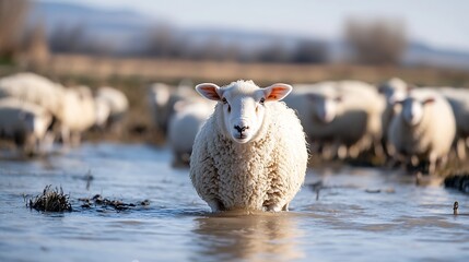 Poster - Curious sheep standing in water surrounded by pastoral scenery with grazing flock : Generative AI
