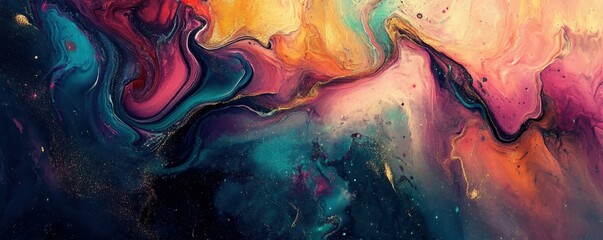 Poster - Colorful abstract fluid art with swirling patterns and vibrant texture in pink, blue, and gold hues