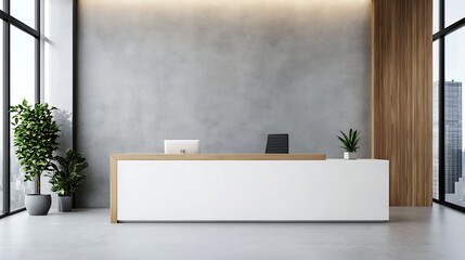 Leinwandbilder - Modern office reception area featuring sleek desk and large windows with urban view : Generative AI