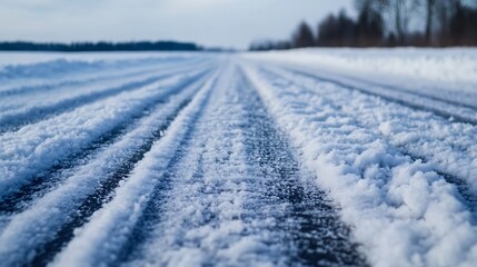 Poster - Frozen Winter Road Surrounded by Soft White Snow Creating a Beautiful Winter Landscape : Generative AI