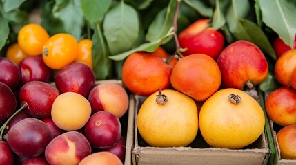 Poster - Vibrant assortment of fresh fruits in vibrant colors showcasing seasonal harvest at a local market : Generative AI