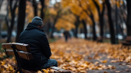 Poster - Solitary man sitting on a bench among golden autumn leaves in a tranquil park setting : Generative AI