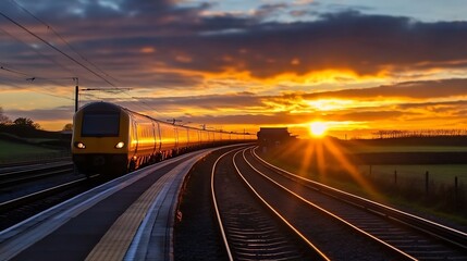 Aufkleber - Vibrant sunset over rail tracks with a train approaching a station radiating warm hues : Generative AI