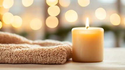 Poster - Tranquil setting featuring a lit candle next to a soft cozy knitted fabric with a blurred background : Generative AI