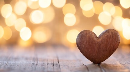 Poster - Wooden heart figurine placed on rustic table with warm bokeh lights in background : Generative AI