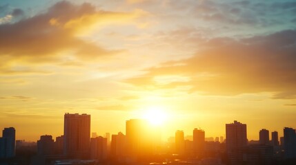 Leinwandbilder - Stunning sunset view over a vibrant city skyline showcasing dramatic clouds and colorful skies : Generative AI