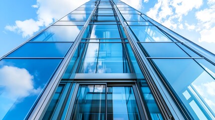 Aufkleber - Modern Skyscraper Towering into the Bright Blue Sky Reflecting the Fluffy Clouds : Generative AI