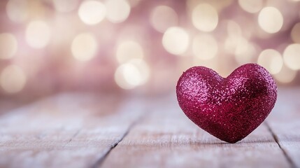 Poster - Charming red glitter heart on a wooden surface with soft bokeh lights creating a romantic atmosphere : Generative AI