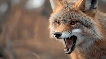 Poster - Closeup portrait of a snarling fox displaying sharp teeth and fierce expression in a natural setting : Generative AI