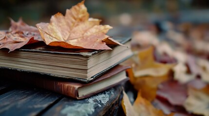 Poster - Stack of vintage books adorned with autumn leaves showcasing a seasonal perspective : Generative AI