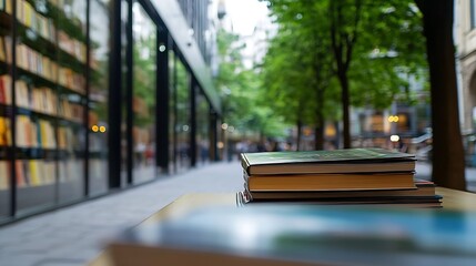 Poster - Stunning cityscape featuring stacked books on a table with a vibrant urban scene in the background : Generative AI