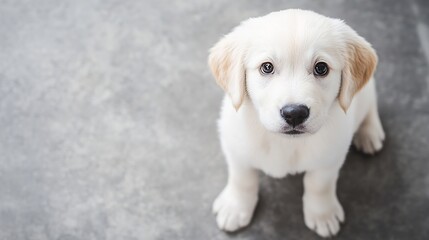 Aufkleber - Adorable White Puppy Sitting on a Grey Floor Looking Up with Curiosity and Innocent Expression : Generative AI