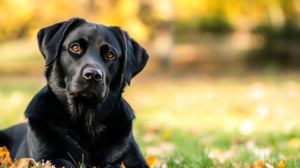Aufkleber - Loyal Black Labrador Dog Relaxing in the Autumn Leaves with a Soft Focus Background : Generative AI