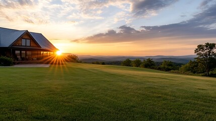 Aufkleber - Golden sunset shining on a peaceful house surrounded by green fields and hills : Generative AI