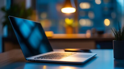 Fototapete - Modern workspace with laptop illuminated by warm light in an evening setting : Generative AI