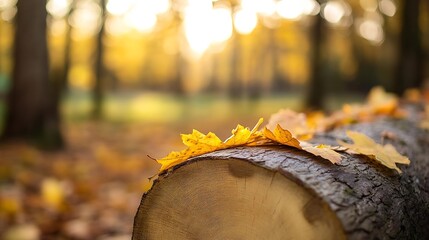 Poster - Closeup of a log with fallen autumn leaves in a golden forest setting with warm sunlight : Generative AI