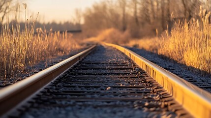 Aufkleber - Scenic view of railway tracks leading through a golden autumn landscape at sunset : Generative AI