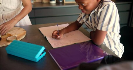 Poster - Woman, kid and writing in kitchen for learning, education and homework assignment at lunch. Above, mother and happy child in home with help, tutoring and math skill development in school notebook